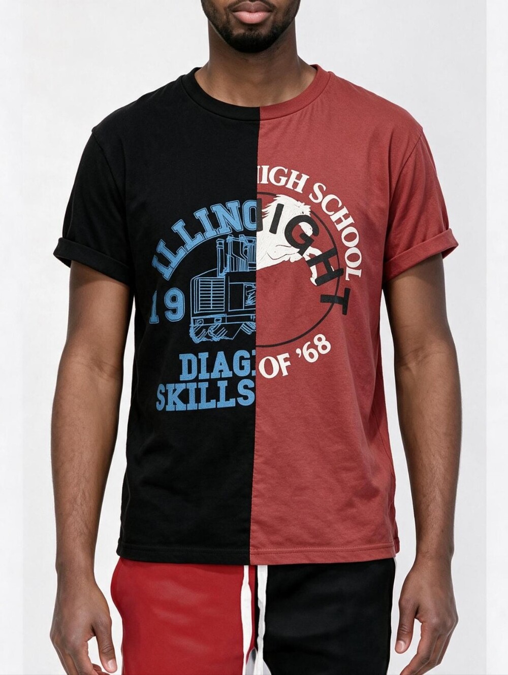 Split Panel "Half & Half" Graphic Streetwear T-Shirt - Red & Black